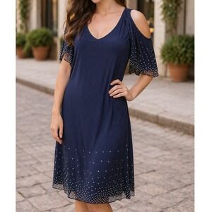 Navy Cold Shoulder cocktail Dress w Silver Stud Embellishments, Flutter sleeves